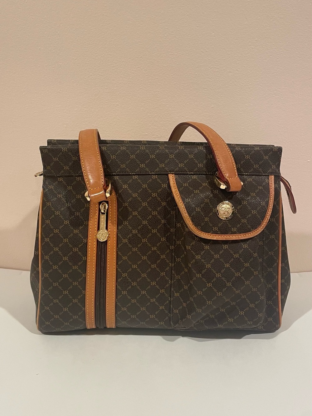Vintage Rioni Brown Monogram Canvas Leather Tote Bag Made in Italy Gold Hardware